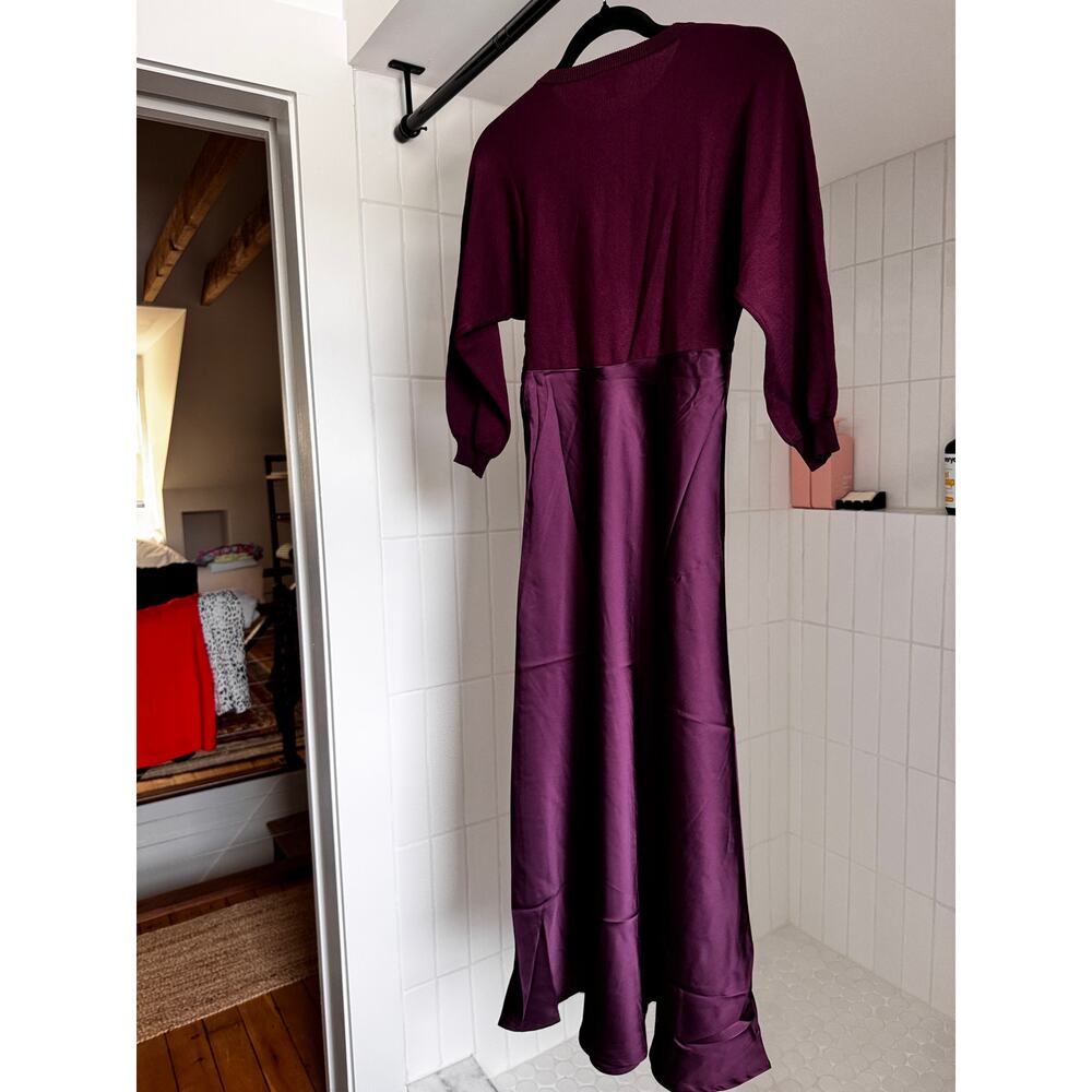 NWT Current Air Mixed Media Sweater Dress Boysenberry Purple Satin Maxi Midi - Picture 3 of 5